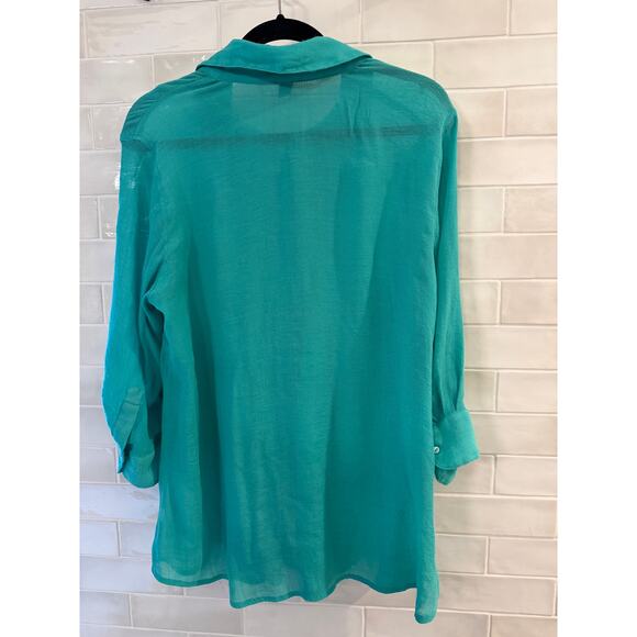 Alfani Turquoise Sheer Pleated Button Front Tunic Blouse Size 1X - Picture 2 of 5
